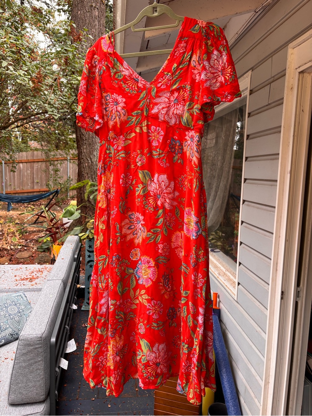 Red Floral Midi Dress with V-Neck